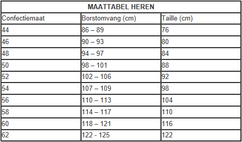 Maattabel verkleedkleding